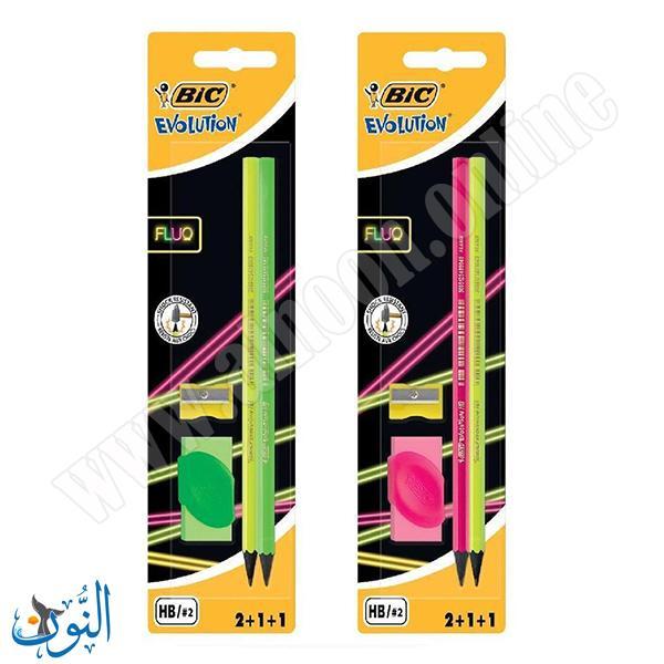 طقم قلمين و ممحاة و مبراة BIC FLUO